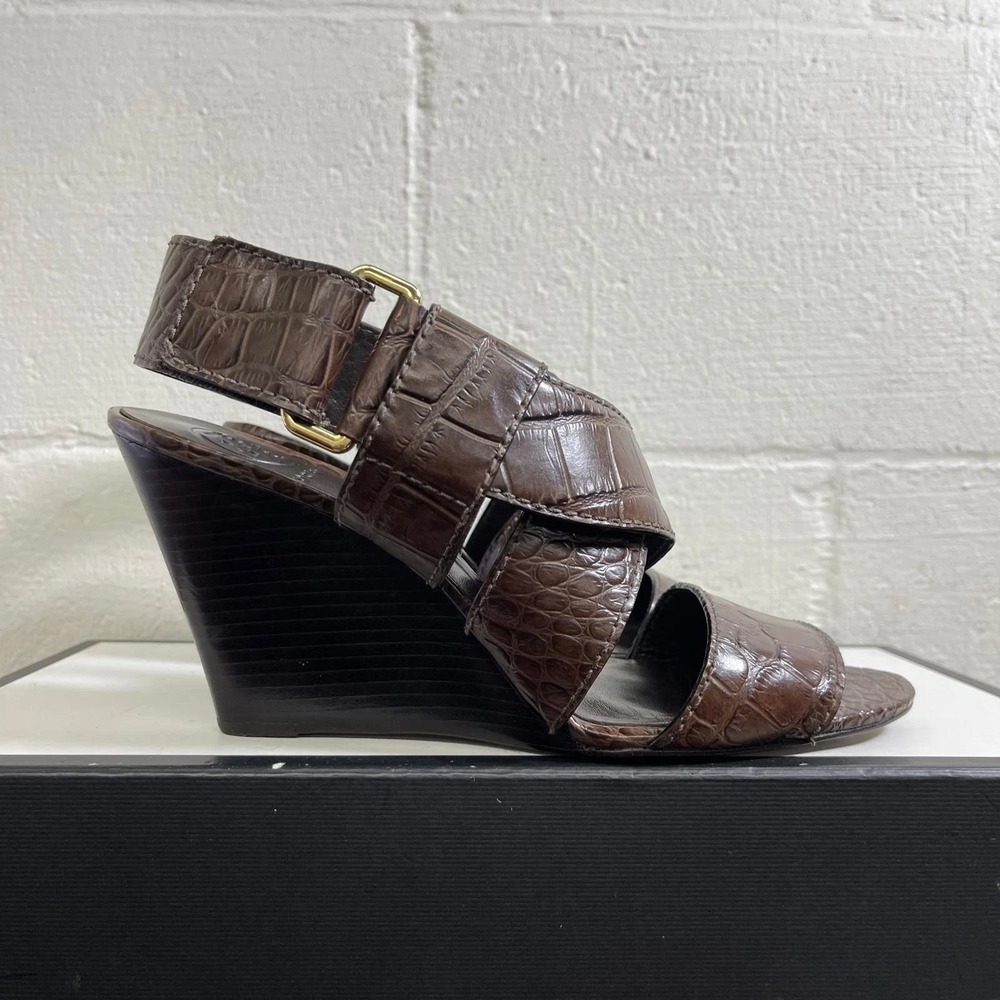 Tory Burch Wedge‎ Sandals Brown Embossed Leather Ankle Straps Women's 8.5 M